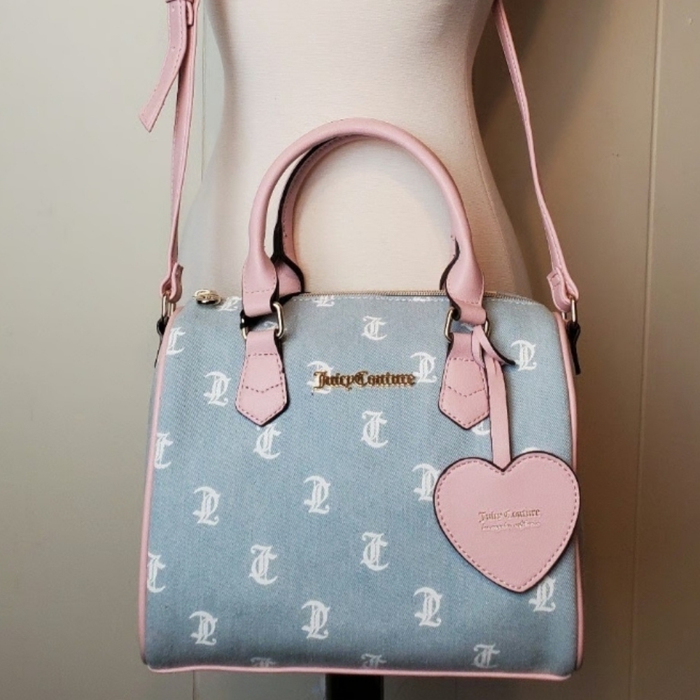 Juicy Couture Denim Monogram Satchel with Pink Trim and Heart Charm